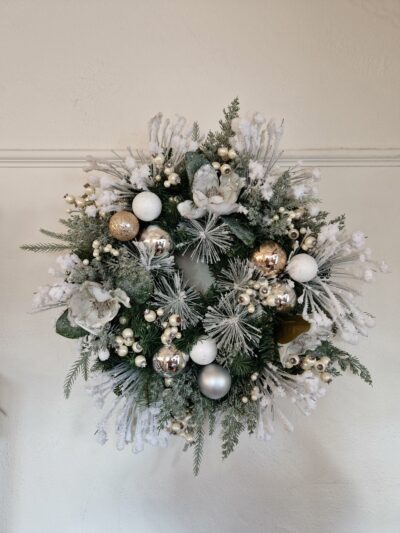 White Magnolia Wreath with snow baubles, pine and berries