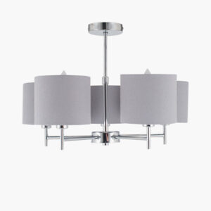 Chrome pendant light with five arms with grey linen shades