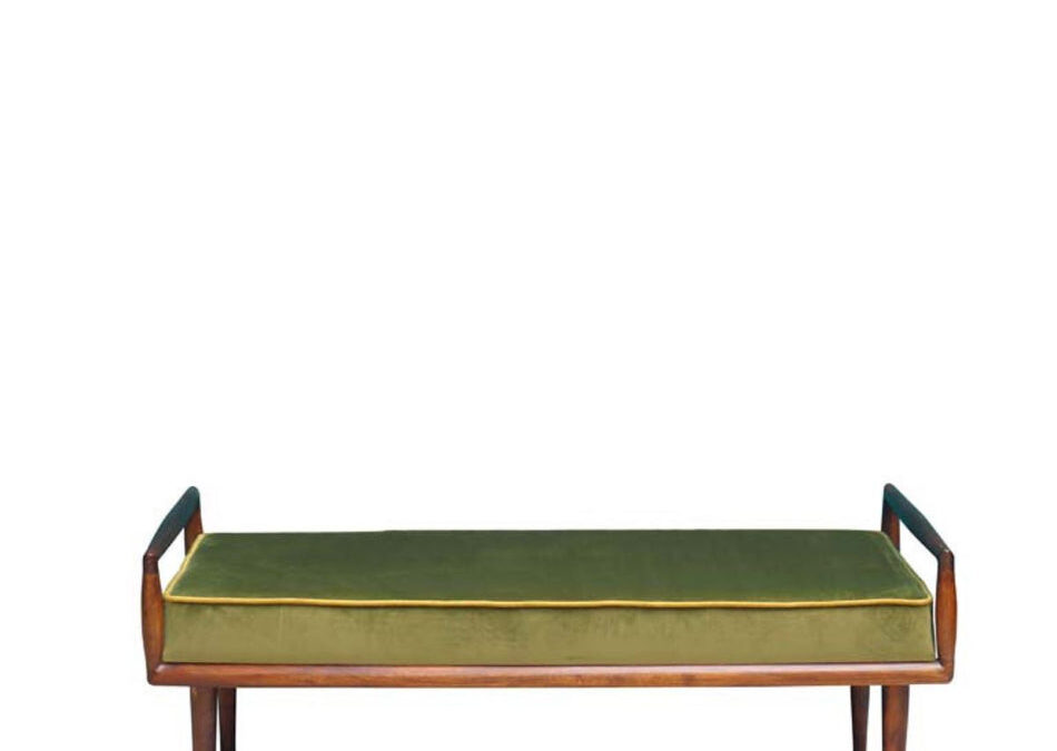 Mango Wood & Olive Green Velvet Bench