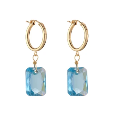 MoMuse Gold Filled Emerald Cut Aquamarine Crystal Large Clip Hoop Earrings