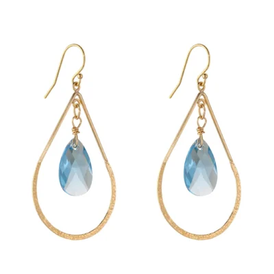 MoMuse Gold Filled Aquamarine Crystal Hammered Teardrop Earrings