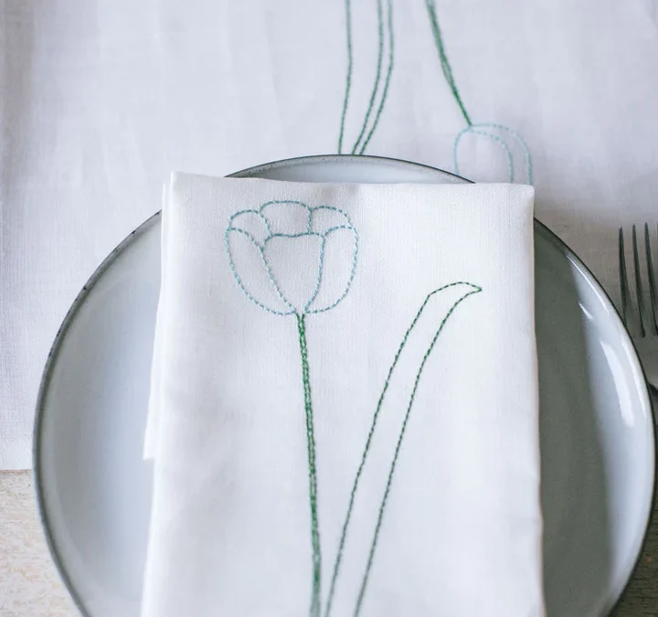 Jennifer Slattery – Tulip Embroidered Irish Linen Napkins in ivory – set of 4