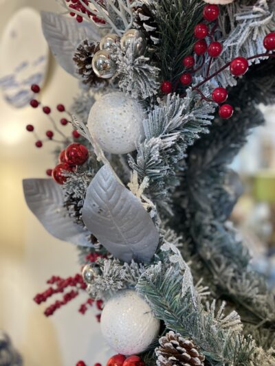 Red Christmas Wreath with frosted pinecones and velvet bow