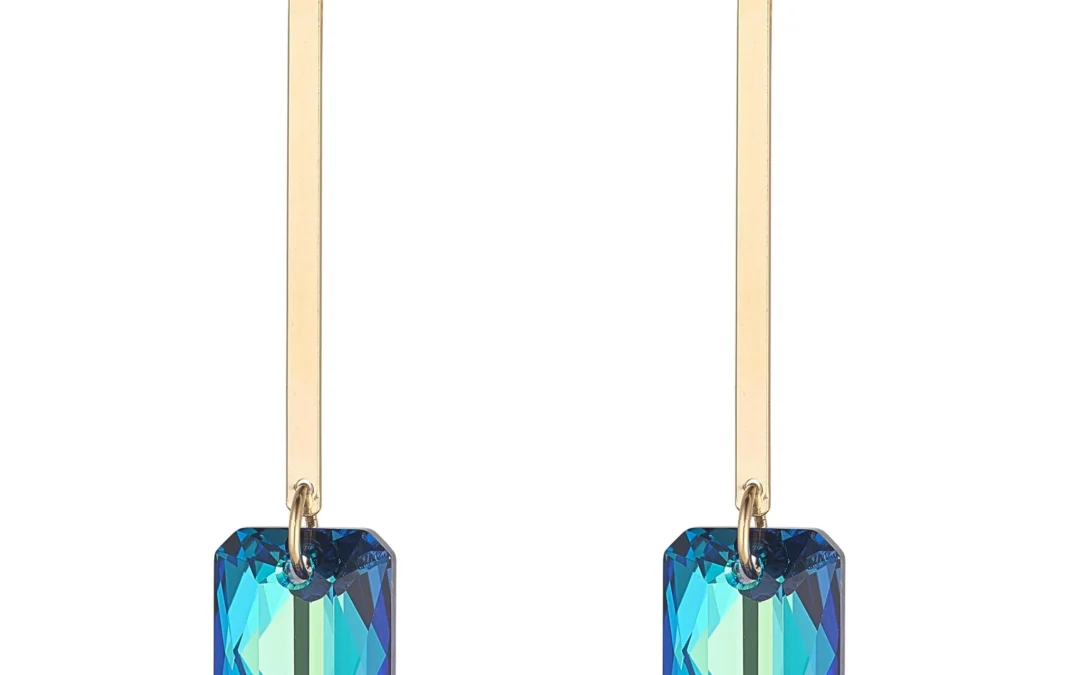 MoMuse Gold Filled Flat Bar & Bermuda Blue Crystal Drop Earrings