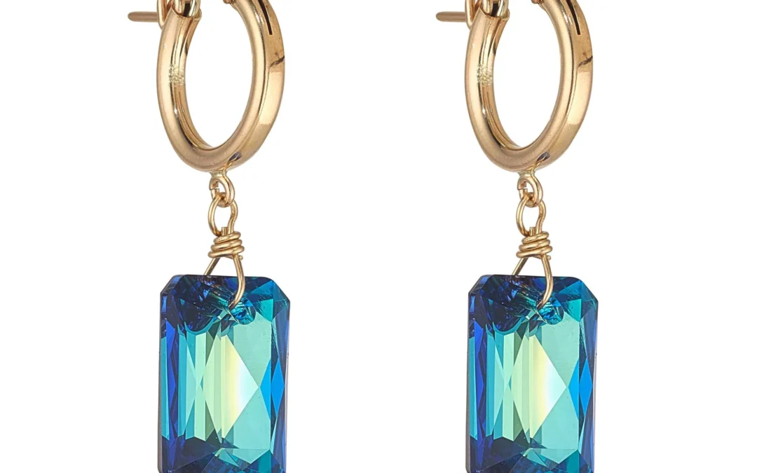 MoMuse Gold Filled Emerald Cut Bermuda Blue Crystal Clip Hoop Earrings